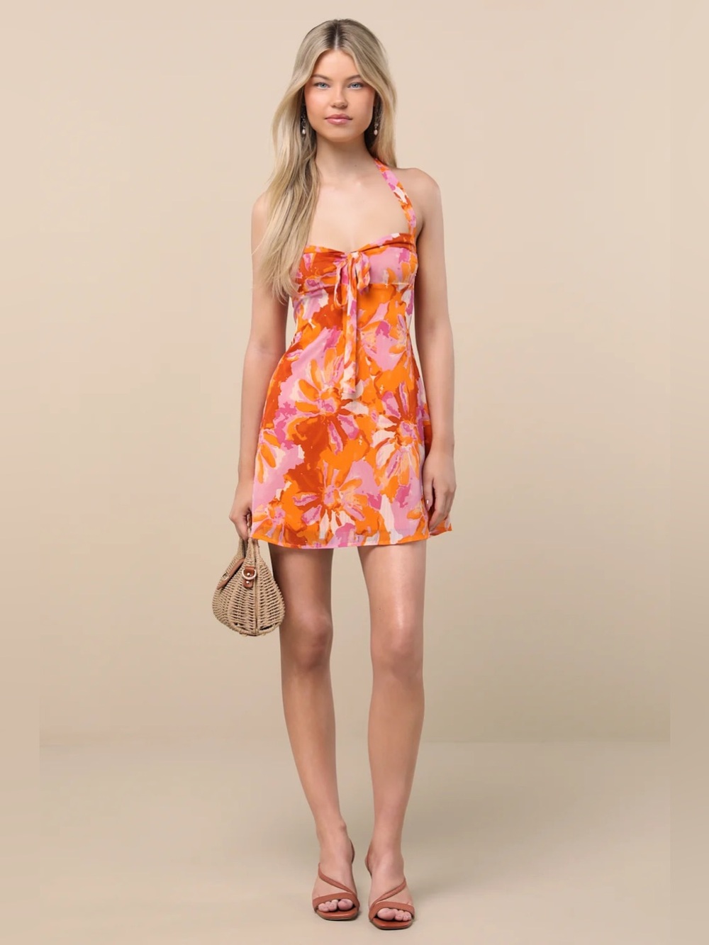 Lulus Sabine Orange Multi Floral Halter Mini Dress Size L NWT - Picture 4 of 11